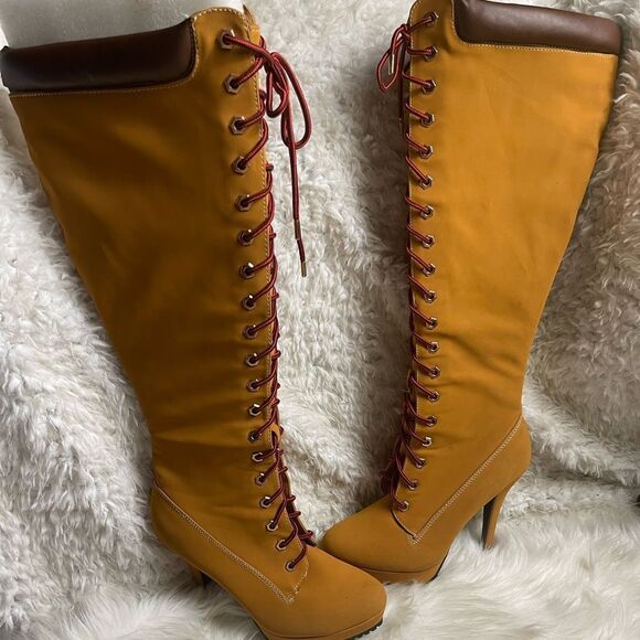 Bamboo Synthetic nubuck tan Combat knee high lace Up Stiletto Platform Boots SZ9 - Picture 1 of 12